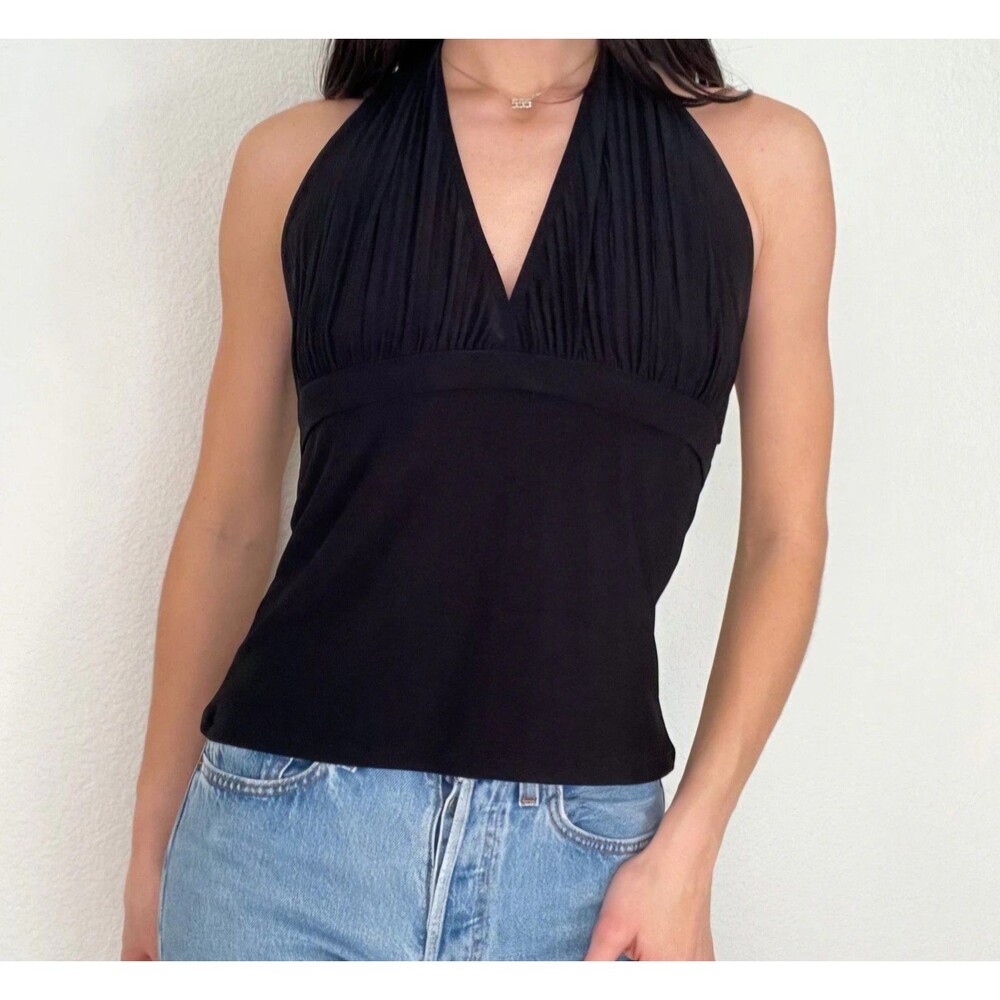 Sexy Y2K Black Plunging Neckline Halter Top Size Small